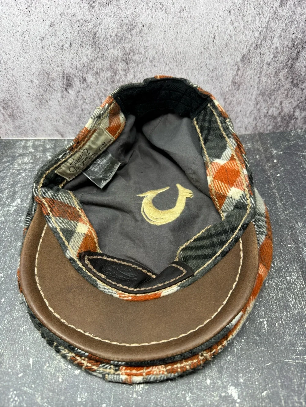 True Religion Brand Jeans Plaid Newsboy Ivy Flat Cap Hat Gray Orange Vintage